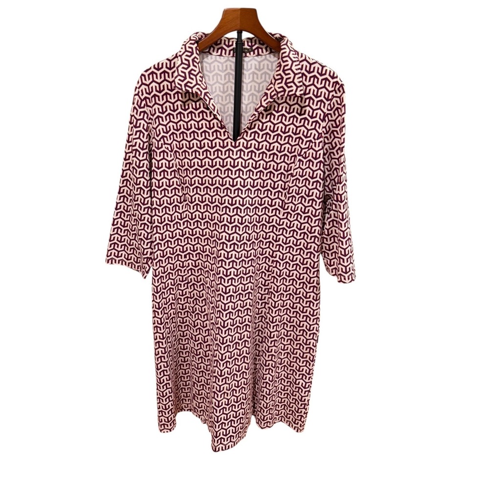 J.McLaughlin Women XL Geometric Print V-Neck 3/4 Sleeve Shift Dress Purple Red
